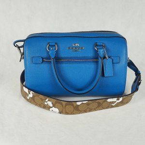 Coach X Peanuts Rowan Satchel Bag Snoopy Print Strap Pebble Leather Blue C4475